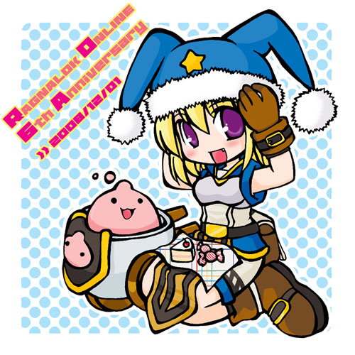 1girl anniversary bdsm blue_hat blue_shirt blush bondage boots bound brown_boots brown_gloves cake cake_slice candy character_name chibi chibi_only commentary_request copyright_name dated food full_body fur-trimmed_headwear fur_trim gloves hat jester_cap looking_at_viewer lowres open_mouth polka_dot polka_dot_background pom_pom_(clothes) poring pullcart purple_eyes ragnarok_online shirt short_hair shorts sitting sleeveless sleeveless_shirt slime_(creature) smile solo super_novice_(ragnarok_online) wariza white_shorts wrapped_candy yazawa_kazuki