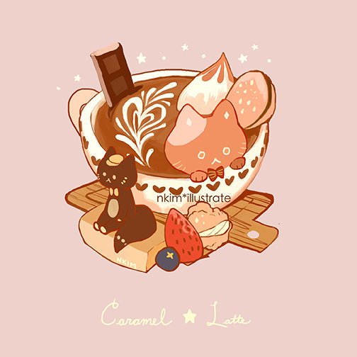 artist_name blueberry bow bowtie candy cat chocolate chocolate_bar coffee cup english_text food food_focus fruit heart latte_art nadia_kim no_humans original pink_background simple_background sitting sparkle star_(symbol) strawberry