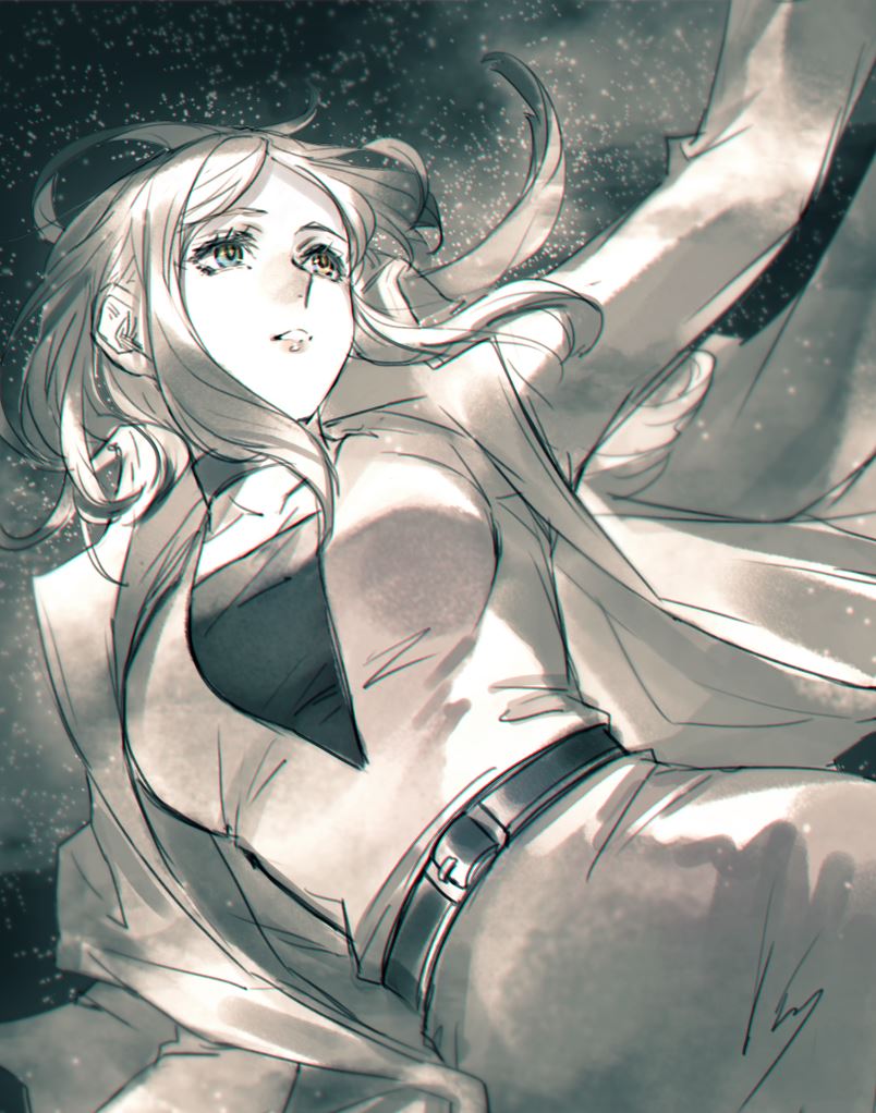 1girl belt blue_eyes bomssp breasts commentary_request eyelashes galea_(xenoblade) greyscale heterochromia jacket large_breasts monochrome open_clothes open_jacket pencil_skirt skirt solo spoilers spot_color xenoblade_chronicles_(series) xenoblade_chronicles_1 yellow_eyes