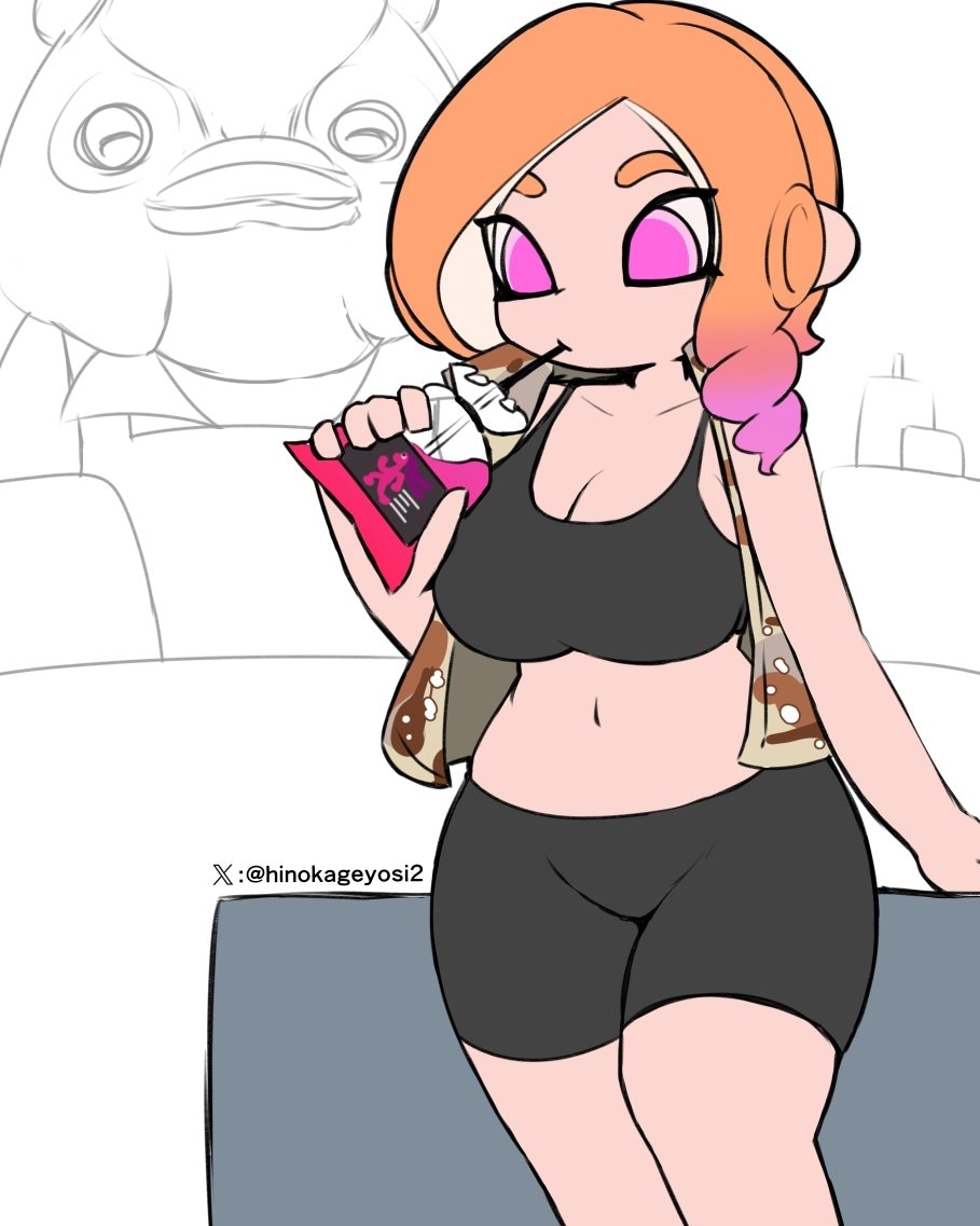 2girls animal arm_support bike_shorts black_sports_bra breasts camouflage camouflage_shirt cleavage closed_eyes collarbone drill_hair drink drink_pouch drinking drinking_straw fish goldfish gradient_hair holding holding_drink juice large_breasts long_hair looking_down marigold_(splatoon) miyazero multicolored_hair multiple_girls navel nintendo octoling octoling_girl octoling_player_character octopus_girl open_clothes open_shirt orange_hair pink_eyes pink_hair pointy_ears shirt short_sleeves smile splatoon_(series) sports_bra staff_(splatoon) standing suction_cups tentacle_hair two-tone_hair white_shirt wide_hips