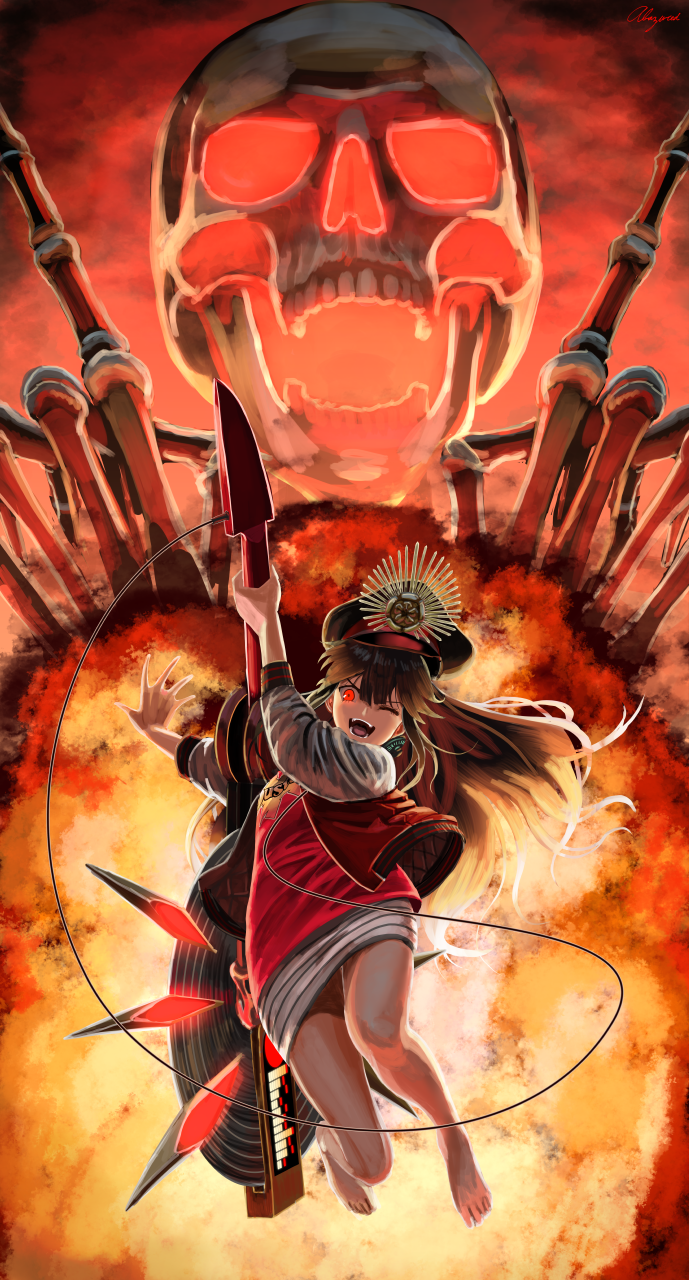 1girl abazu-red barefoot black_hair black_hat breasts buster_shirt electric_guitar explosion fate/grand_order fate_(series) fire giant_skeleton glowing glowing_eyes guitar hat headphones headphones_around_neck highres instrument jacket letterman_jacket long_hair long_sleeves looking_at_viewer miniskirt oda_nobunaga_(fate) oda_nobunaga_(swimsuit_berserker)_(fate) oda_nobunaga_(swimsuit_berserker)_(first_ascension)_(fate) oda_uri one_eye_closed open_clothes open_jacket open_mouth peaked_cap red_eyes red_shirt shirt skirt small_breasts smile striped_clothes striped_skirt thighs white_skirt