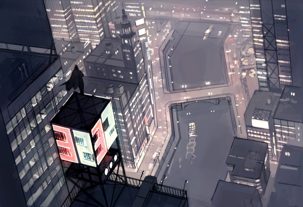 1boy bank barge batman batman_(series) boat bridge bruce_wayne building cape city_lights cityscape dc_comics neon_lights night river rooftop scenery seo_tatsuya sign solo water_tower watercraft