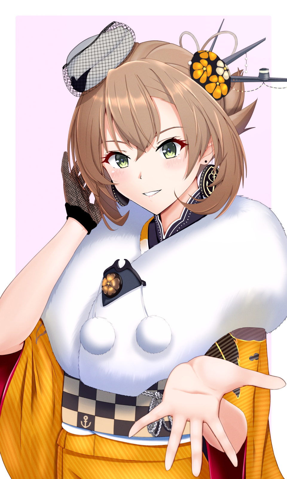 1girl blush breasts brown_hair earrings fur_trim green_eyes hair_ornament headgear highres japanese_clothes jewelry kantai_collection kimono large_breasts long_sleeves looking_at_viewer mesera mutsu_(kancolle) mutsu_(new_year)_(kancolle) obi official_alternate_costume orange_kimono sash short_hair smile solo upper_body wide_sleeves