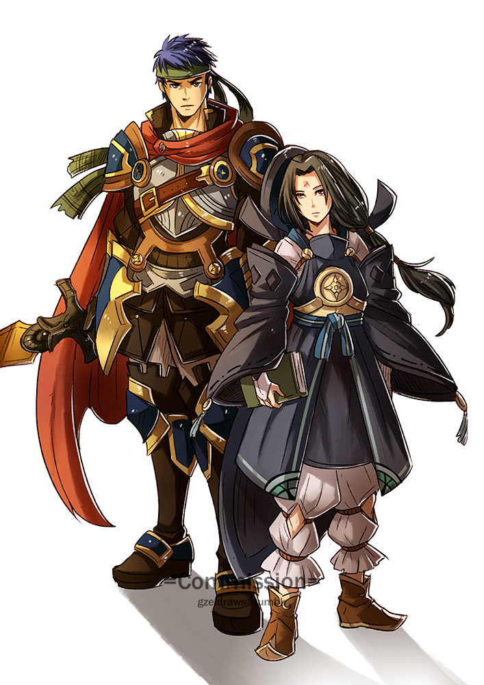 2boys alternate_costume armor black_hair blue_eyes blue_hair book cape commentary commission english_commentary facial_mark fire_emblem fire_emblem:_radiant_dawn fire_emblem_fates forehead_mark gzei headband holding holding_book holding_sword holding_weapon ike_(fire_emblem) long_hair male_focus multiple_boys nintendo red_eyes short_hair simple_background soren_(fire_emblem) sword weapon