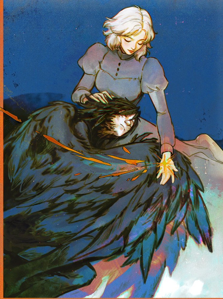 1boy 1girl black_hair black_wings blue_dress closed_eyes commentary dress english_commentary feathered_wings hand_on_another&#039;s_head howl_pendragon howl_no_ugoku_shiro juliet_sleeves lap_pillow long_sleeves puffy_sleeves roannaperoz short_hair sophie_hatter white_hair wings