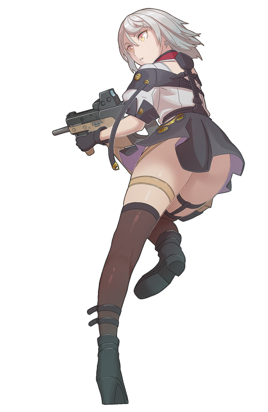1girl acog boots female_focus from_behind girls&#039;_frontline gloves grey_hair gun highres kriss_usa kriss_vector magpul skirt solo submachine_gun suppressor tab_(tabkun) thighhighs transformational_defense_industries vector_(girls&#039;_frontline) weapon white_background yellow_eyes