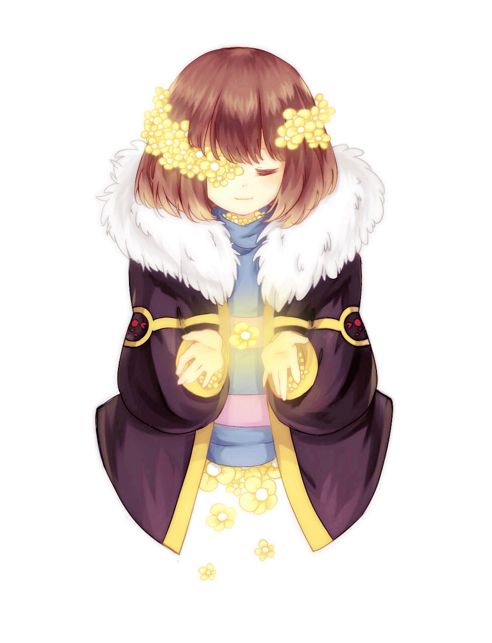 1girl black_jacket flower flowerfell frisk_(undertale) highres holding holding_flower jacket medium_hair milksweet object_floating_above_hand open_clothes open_jacket sweater undertale white_background yellow_flower