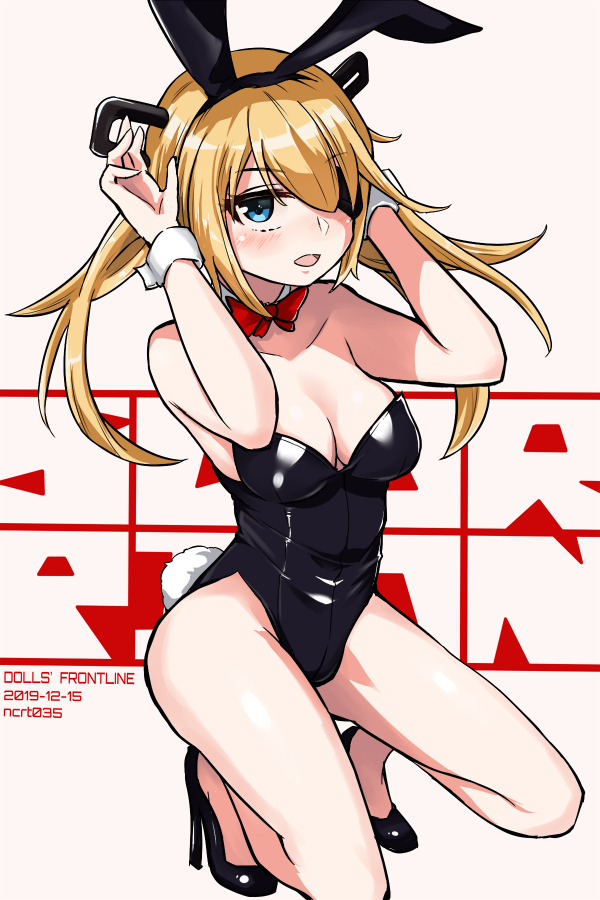 1girl alternate_costume animal_ears arms_up bare_legs bare_shoulders black_footwear black_leotard blonde_hair blue_eyes blush bow bowtie breasts character_name cleavage collar collarbone copyright_name dated detached_collar eyepatch fake_animal_ears female_focus full_body girls&#039;_frontline grey_background high_heels leotard long_hair looking_at_viewer medium_breasts niceratus_kiotensis open_mouth petite playboy_bunny rabbit_ears rabbit_pose red_bow red_bowtie simple_background skorpion_(girls&#039;_frontline) smile solo squatting strapless strapless_leotard twintails white_collar white_wrist_cuffs wrist_cuffs