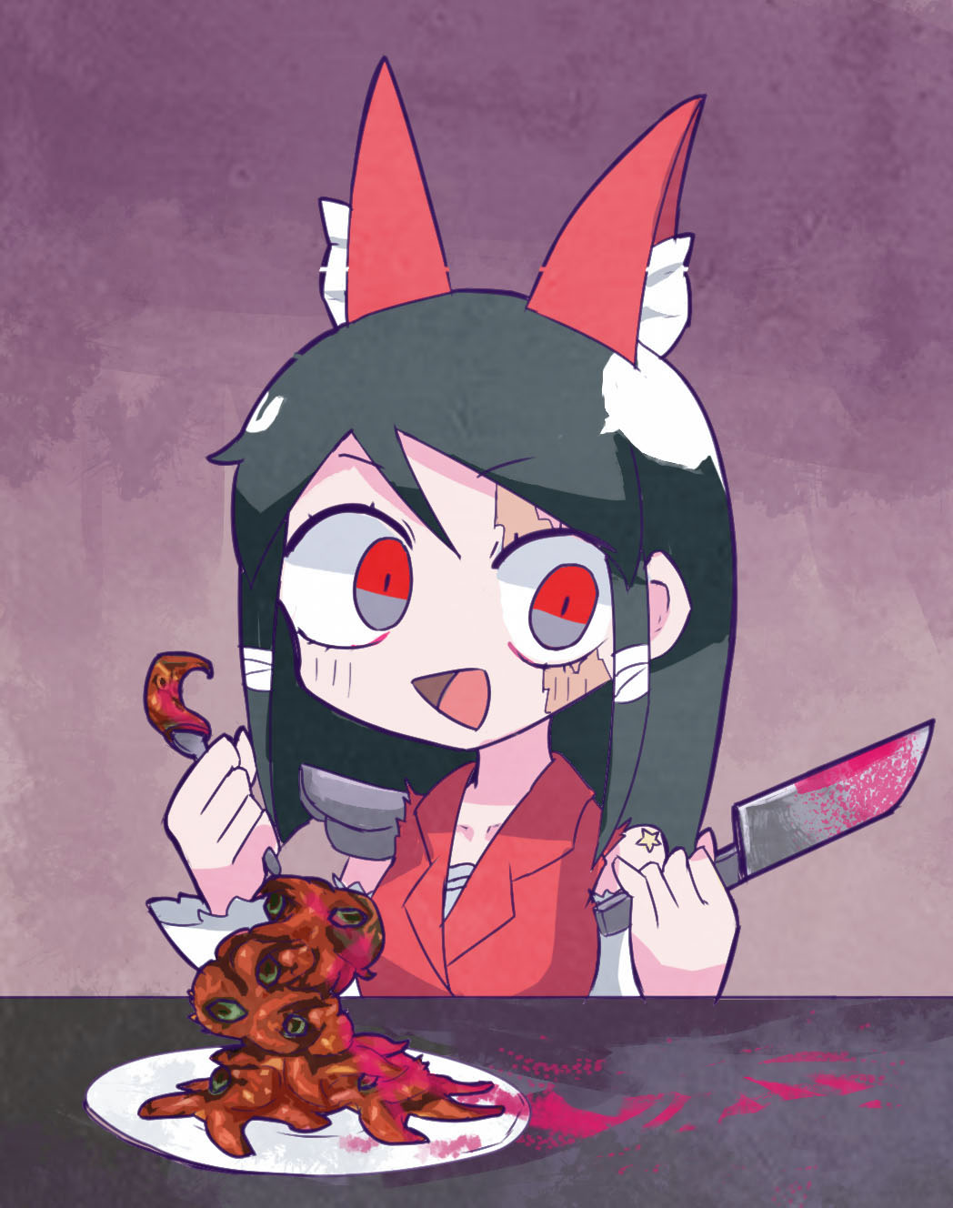 1girl black_hair blood blood_splatter bloody_knife blush bow commentary_request cookie_(touhou) creature fork hair_bow hakurei_reimu highres holding holding_fork holding_knife kitchen_knife knife long_hair looking_at_viewer mukenkairou open_mouth plate red_bow red_eyes red_shirt scar scar_across_eye scar_on_face shirt sleeveless sleeveless_shirt smile solo torn_clothes torn_shirt touhou upper_body yuki_haruka