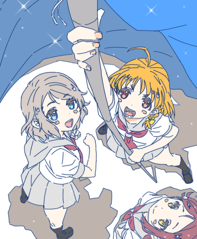 ahoge blue_eyes blush brown_hair flag grey_hair love_live! love_live!_sunshine!! necktie orange_hair red_hair sakurauchi_riko school_uniform short_hair skirt smile takami_chika thighs uranohoshi_school_uniform watanabe_you