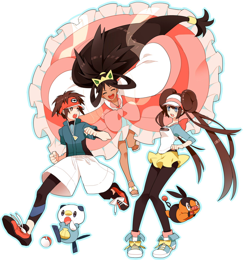 10s 1boy 2girls big_hair blue_eyes bow brown_eyes brown_hair clenched_hands closed_eyes crown dark-skinned_female dark_skin double_bun drawstring dress fangs fleeing gen_5_pokemon gum_(gmng) gumidemo_kandero hair_bun iris_(pokemon) long_hair long_sleeves looking_back multiple_girls nate_(pokemon) nintendo open_mouth oshawott outline pantyhose pigeon-toed pink_bow poke_ball pokemon pokemon_(creature) pokemon_bw2 ponytail rosa_(pokemon) sandals shorts simple_background sleeves_past_wrists spoilers tepig very_long_hair visor_cap waist_bow white_background