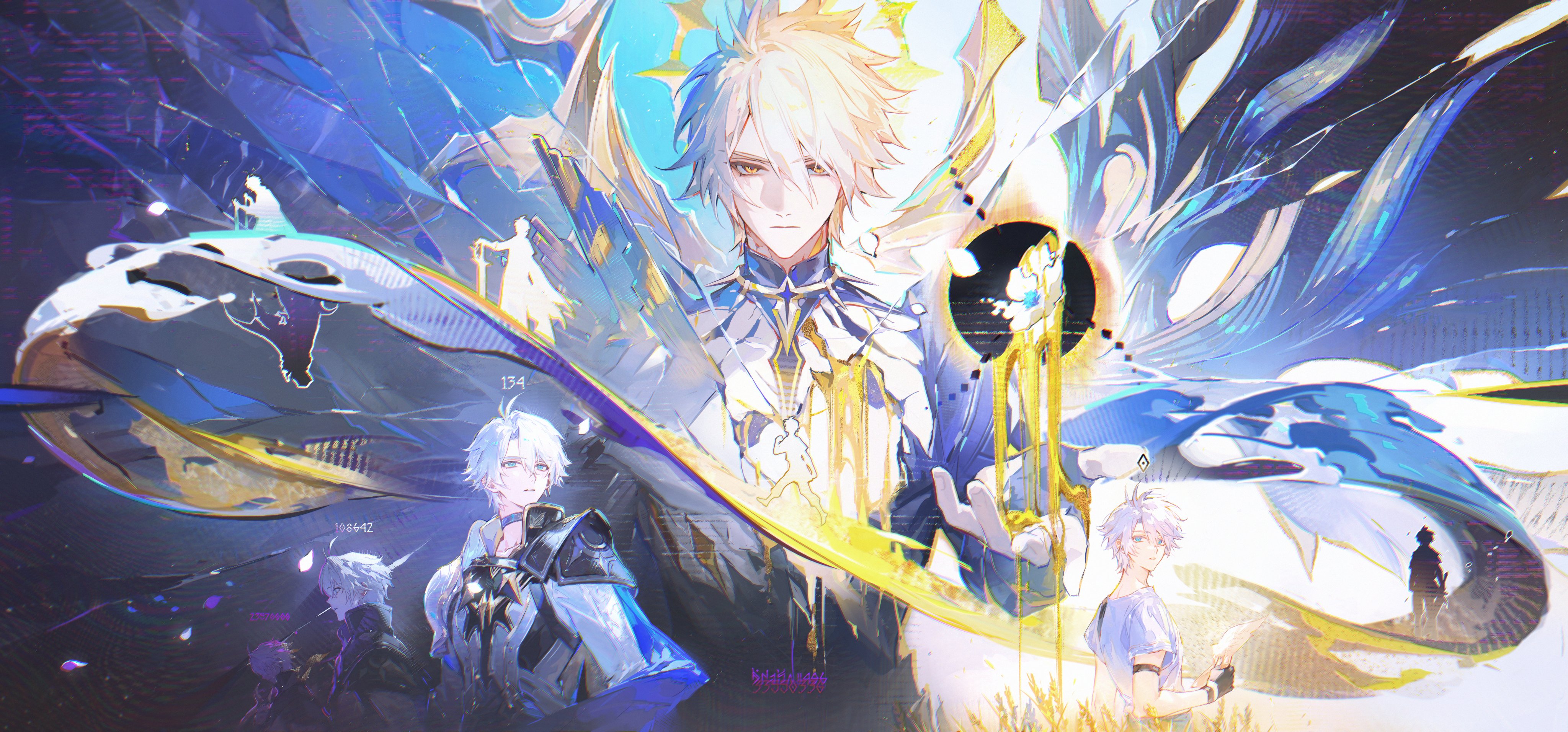 5boys absurdres age_progression alternate_form antenna_hair armor asymmetrical_wings black_choker black_gloves black_shirt black_wings blonde_hair blue_cape blue_eyes cape choker commentary cracked_skin english_commentary fingerless_gloves gloves grey_shirt hair_between_eyes halo halo_behind_head highres holding holding_paper honkai:_star_rail honkai_(series) looking_to_the_side male_focus material_growth multiple_boys paper parted_bangs parted_lips pauldrons phainon_(a_dream_scented_in_wheat)_(honkai:_star_rail) phainon_(honkai:_star_rail) portrait renjian_shilian shirt short_hair short_sleeves shoulder_armor single_pauldron time_paradox torn_clothes torn_shirt wheat_field white_hair wings yellow_blood yellow_eyes yellow_wings