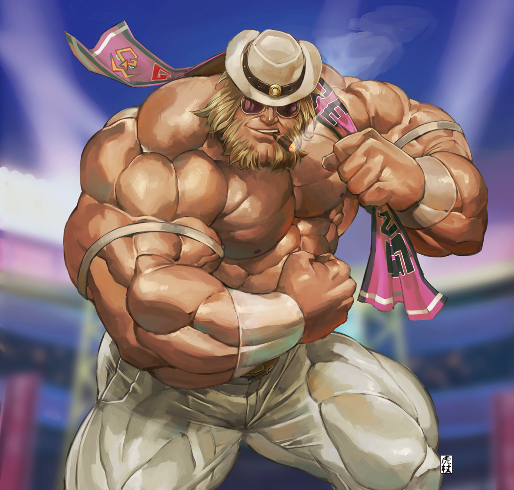 1boy antonov_(kof) beard biceps blonde_hair cigar facial_hair facing_viewer flexing hat itadori_shuu large_hands large_pectorals muscular muscular_male open_mouth pectorals smile smoking snk solo sunglasses the_king_of_fighters topless_male