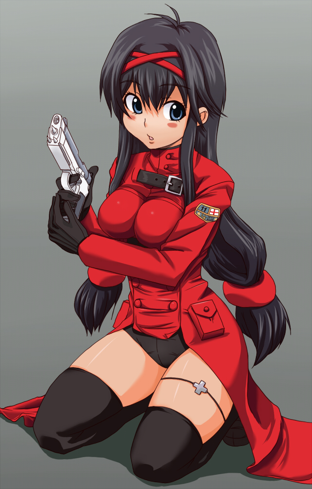 1girl black_hair blue_eyes blush blush_stickers bren_ten female_focus gloves gousaikoo grey_background gun handgun kneeling long_hair low-tied_long_hair nazume_mikuru pistol solo thighhighs twintails uniform weapon zero_in