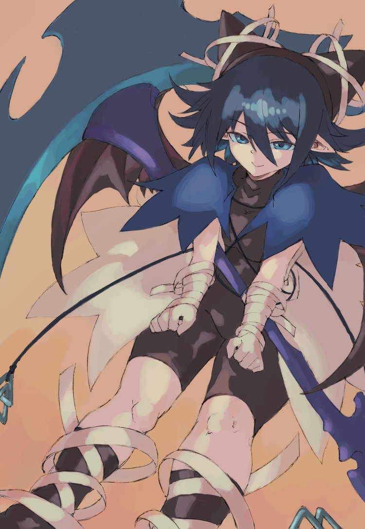 1girl bandaged_ankle bandaged_arm bandages bat_wings black_bodysuit blue_eyes blue_hair bodysuit capelet hands_on_own_thighs hat leaning_forward pointy_ears riviera scythe serene_(riviera) smile solo vaison wings