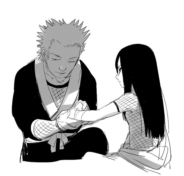 aged_down bandaged_arm bandages closed_eyes eyeliner facial_hair fishnets injury jacket jacket_partially_removed japanese_clothes kimono kutuyatti long_hair makeup monochrome multiple_boys naruto_(classic) naruto_(series) orochimaru_(naruto) sarutobi_hiruzen spiked_hair teacher_and_student