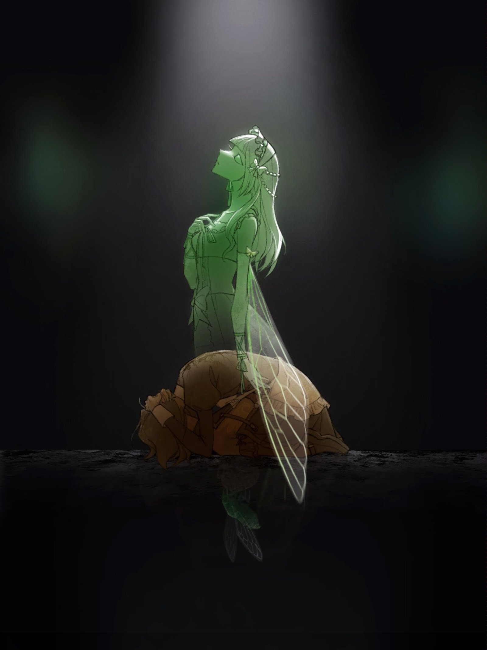 black_background bug cicada clair_vaux_bernardus highres insect plankto_x shannon_(umineko) umineko_no_naku_koro_ni yasu_(umineko)