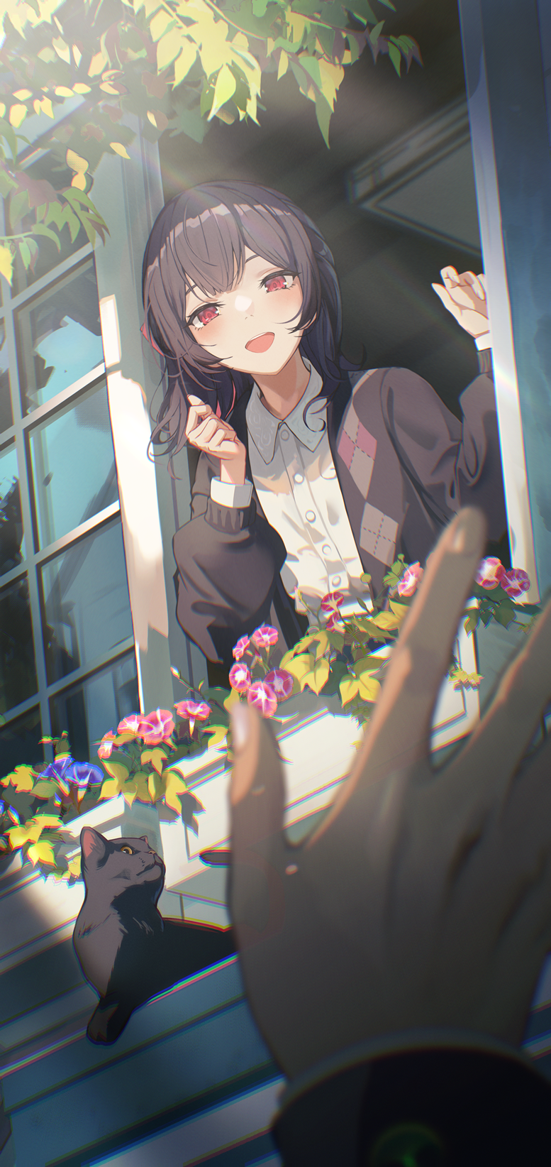 1boy 1girl black_hair blush brown_jacket cat commentary_request highres idolmaster idolmaster_shiny_colors jacket long_hair looking_at_viewer morino_rinze niac open_mouth pov red_eyes shirt sidelocks waving white_shirt