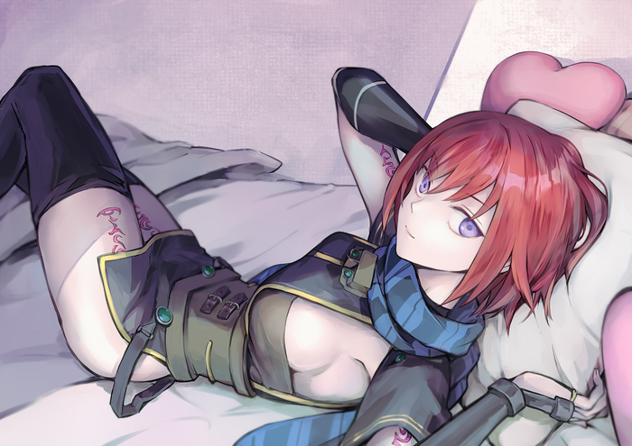 1girl arm_tattoo black_thighhighs breasts closed_mouth dress grel_(r6hgvu5) heart heart-shaped_pillow leg_tattoo looking_at_viewer nel_zelpher panties pillow purple_eyes red_hair scarf short_hair sideboob skirt solo star_ocean star_ocean_till_the_end_of_time tattoo thighhighs underwear