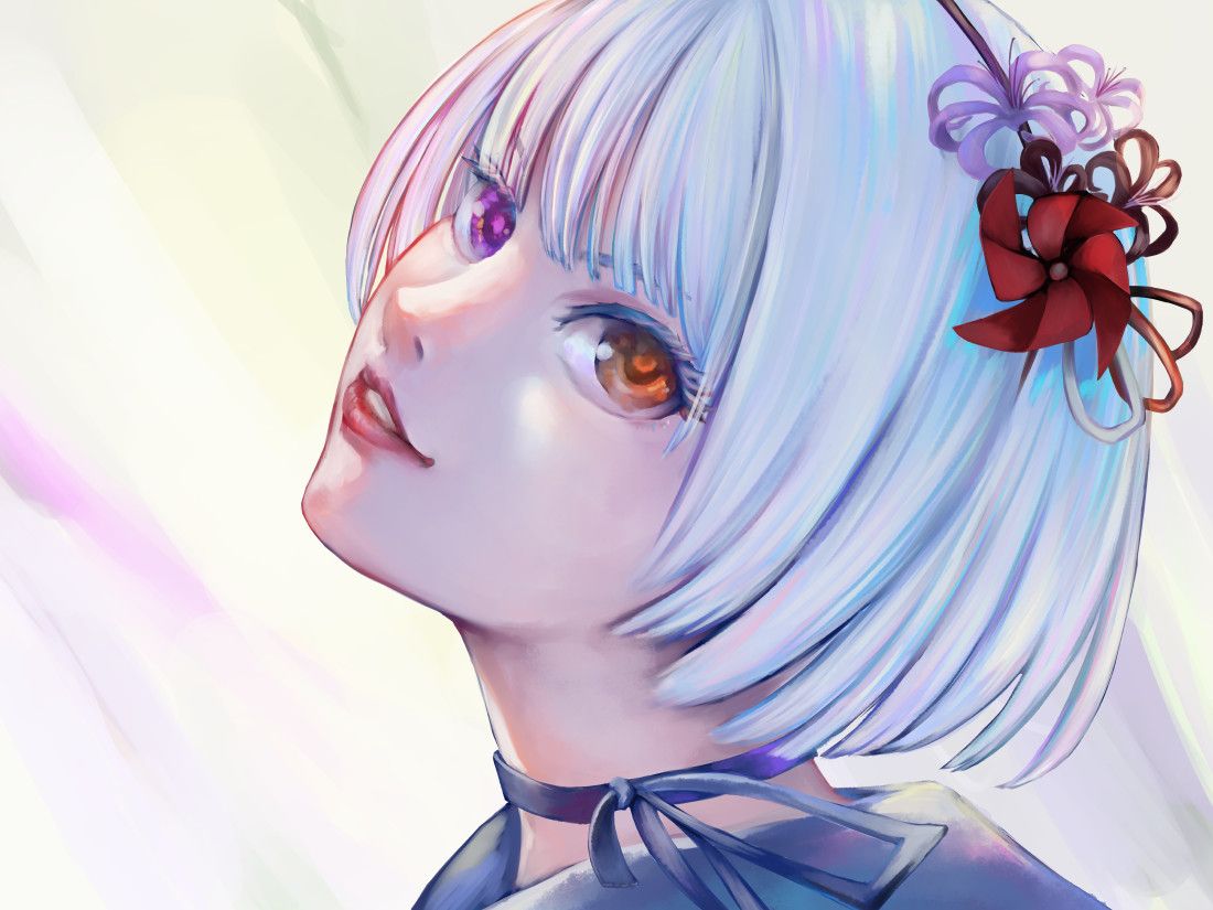 1girl assault_lily black_choker black_flower black_hairband black_ribbon black_sailor_collar choker commentary_request flower from_side gradient_background grey_background grey_hair grin hair_flower hair_ornament hairband head_back heterochromia looking_at_viewer looking_to_the_side nenshuu5man orange_eyes parted_lips portrait purple_background purple_eyes purple_flower red_flower ribbon ribbon_choker sailor_collar short_hair smile solo white_background yamaguchi_chihiro_(assault_lily) yellow_background