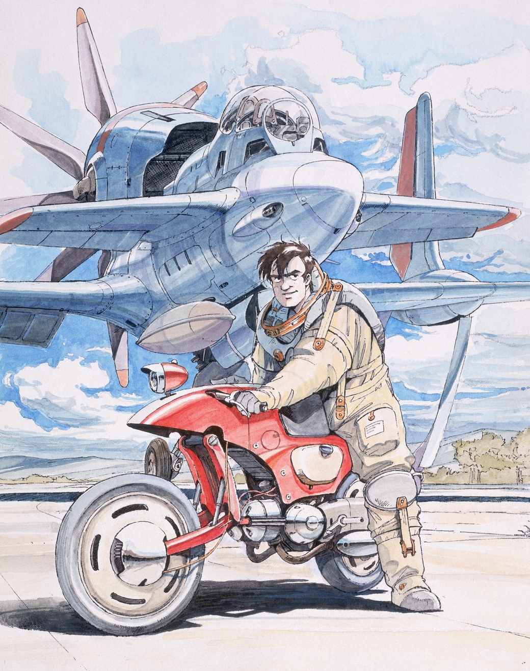 1boy aircraft airplane brown_hair cloud highres honneamise_no_tsubasa male_focus motor_vehicle motorcycle official_art outdoors shirotsugh_lhadatt sky solo spacesuit vehicle