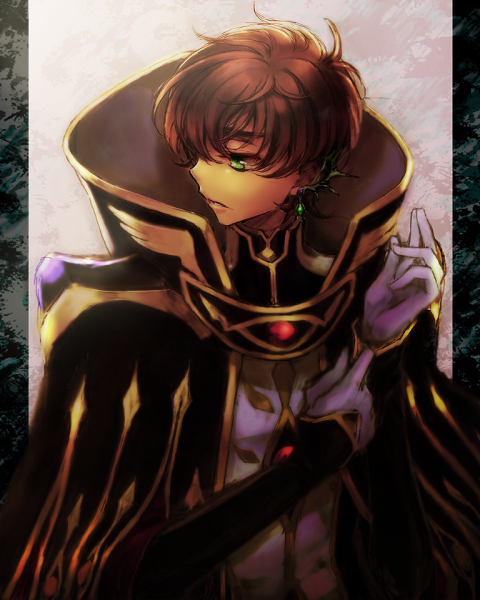 1boy alternate_costume brown_hair c_(rahit) cape code_geass earrings frown gloves green_eyes jewelry kururugi_suzaku male_focus rahit solo