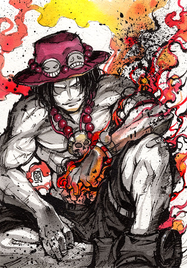 1boy bead_necklace beads black_hair black_shorts commentary english_commentary fire flaming_hand hat ink_(medium) jewelry looking_at_viewer male_focus muscular mycks necklace one_eye_covered one_piece pearl_necklace pirate portgas_d._ace red_hat shorts sitting smirk solo spot_color tagme topless_male traditional_media