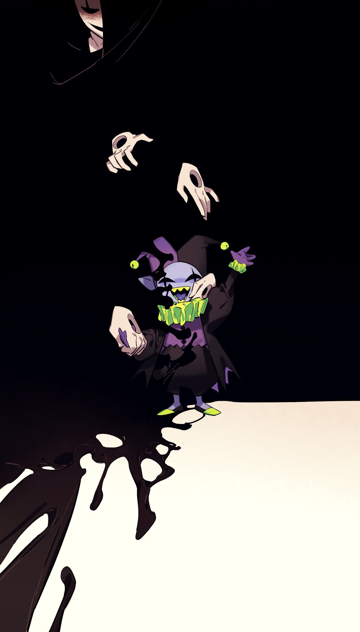 2boys :d allhailjotman arm_up black_jacket black_shorts blue_skin buttons clown clown_boy colored_skin colored_tongue commentary deltarune disembodied_hand english_commentary frilled_sleeves frills full_body gloves green_footwear hat highres holding_hands hollow_eyes jacket jester jester_boy jester_cap jevil juliet_sleeves long_sleeves looking_at_viewer male_focus multiple_boys neck_ruff open_clothes open_jacket open_mouth pointy_ears puffy_shorts puffy_sleeves purple_gloves purple_shirt purple_tongue scar scar_across_eye scar_on_face sharp_teeth shirt shorts simple_background smile standing straight-on teeth tongue two-tone_hat undertale w.d._gaster waving yellow_teeth