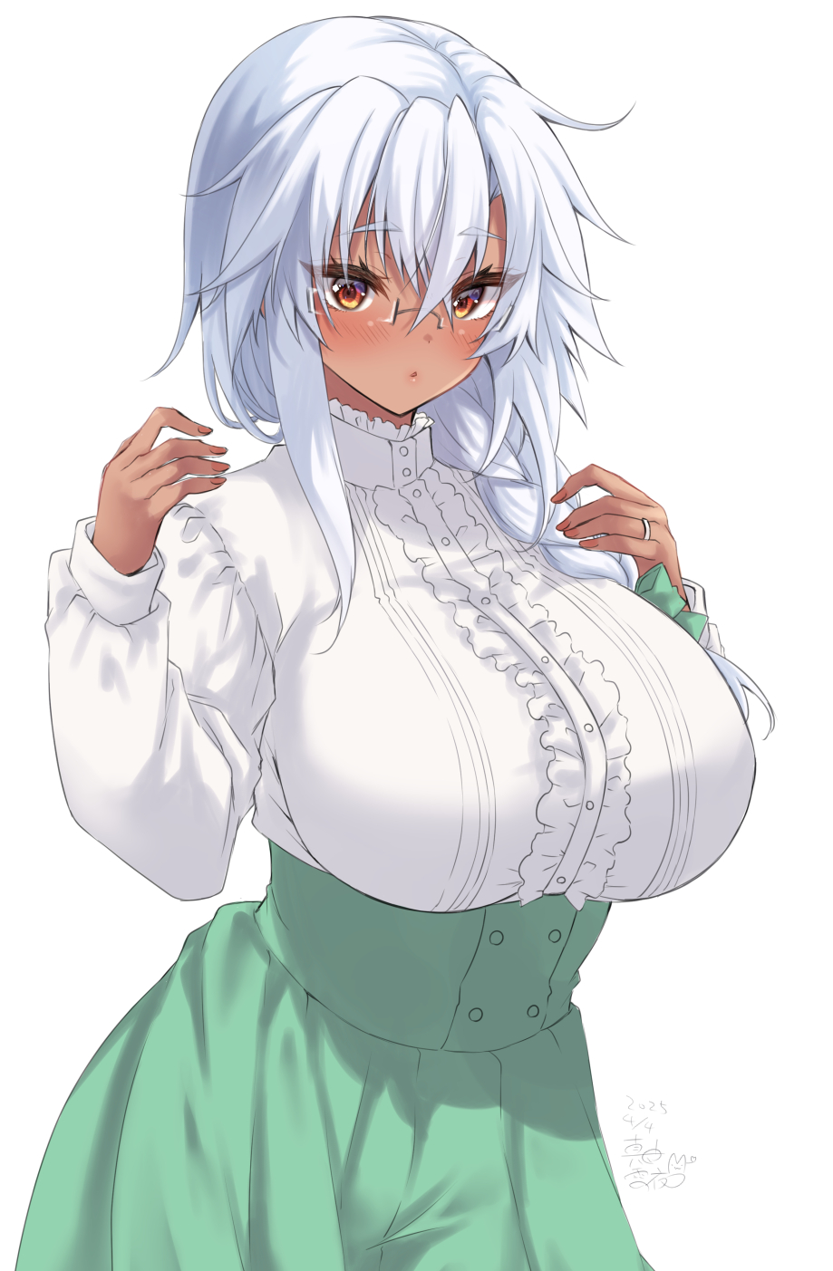 1girl alternate_costume blush breasts brown_eyes center_frills dark-skinned_female dark_skin frilled_shirt frills gradient_nails green_skirt grey_hair hair_between_eyes highres jewelry kantai_collection large_breasts long_hair long_sleeves looking_at_viewer mashiro_yukiya meme_attire musashi_(kancolle) musashi_kai_ni_(kancolle) rectangular_eyewear ring shirt skirt smile solo very_long_hair virgin_killer_outfit wedding_ring white_shirt