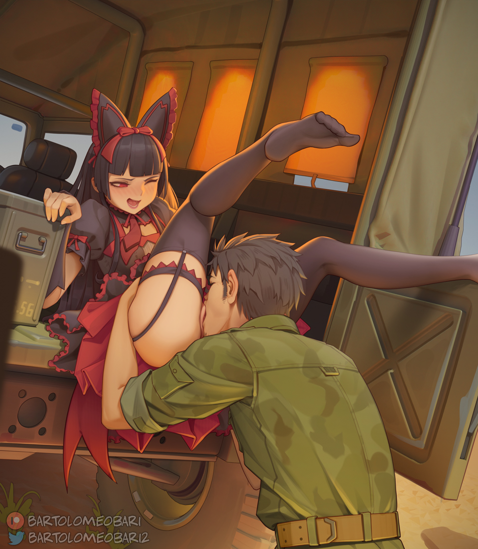1boy 1girl bartolomeobari belt black_hair black_thighhighs bow camouflage camouflage_jacket couple cunnilingus dress garter_straps gate_-_jieitai_ka_no_chi_nite_kaku_tatakaeri hair_bow hetero itami_youji jacket military military_fatigues military_truck military_uniform military_vehicle motor_vehicle no_panties one_eye_closed open_mouth oral pussy red_eyes rory_mercury smile thighhighs truck twitter_logo uncensored