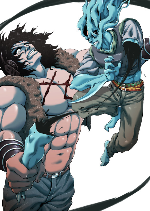 1980s_(style) 2boys arm_blade baoh baoh_raihousha battle black_hair fighting gachon_jirou hashizawa_ikurou multiple_boys muscular retro_artstyle retro_artstyle severed_arm severed_limb slashing walken_(baoh) weapon
