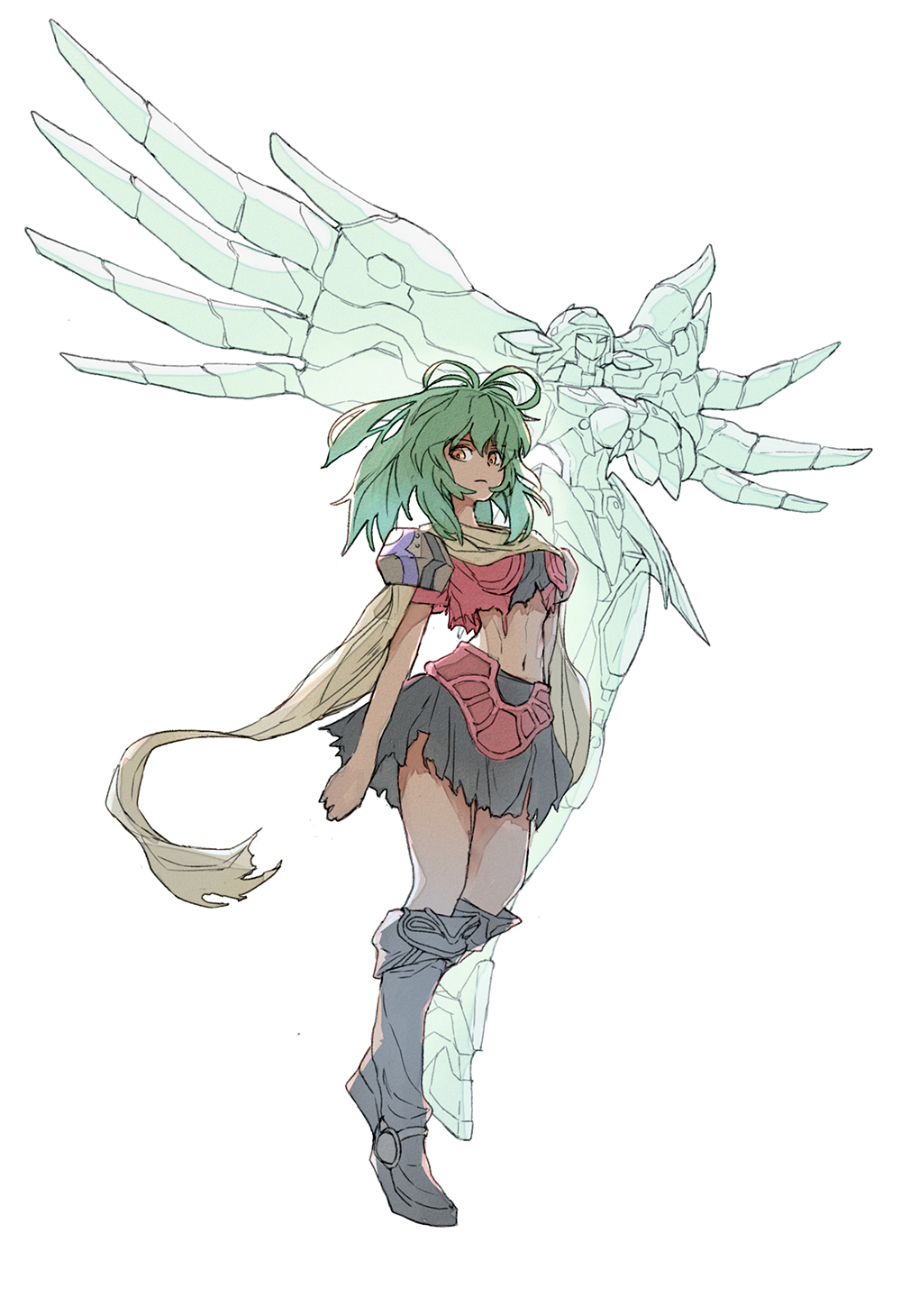 1girl antenna_hair black_boots black_skirt boots breasts crescens crop_top dark-skinned_female dark_skin emerada_(xenogears) full_body green_eyes hair_between_eyes highres kumotof mecha medium_breasts medium_hair midriff monolith_soft navel red_eyes red_shirt robot scarf shirt skirt torn_clothes torn_skirt white_background xeno_(series) xenogears yellow_scarf