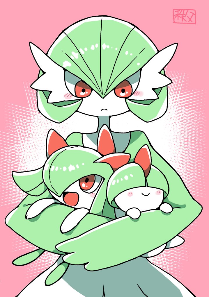 bob_cut bowl_cut chichibu_(watson) colored_skin evolutionary_line gardevoir gen_3_pokemon green_skin hair_over_eyes hair_over_one_eye kirlia multicolored_skin nintendo open_mouth pink_eyes pokemon pokemon_(creature) ralts sidelocks signature smile two-tone_skin white_skin