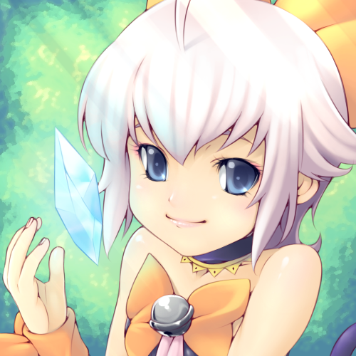 1girl bad_id bad_pixiv_id bare_shoulders bell blue_eyes choker crystal female_focus final_fantasy final_fantasy_crystal_chronicles final_fantasy_crystal_chronicles:_echoes_of_time lowres pink_hair sherlotta smile solo yagitori