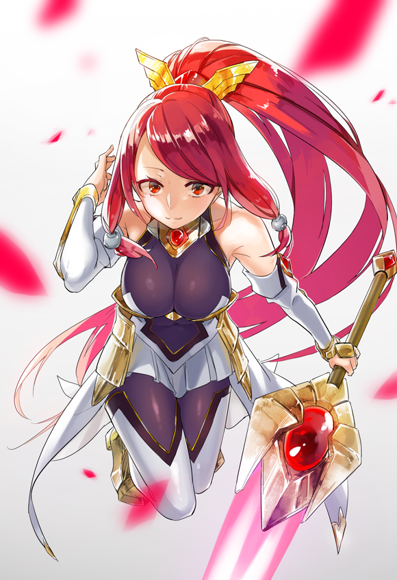 1girl bare_shoulders blazblue blazblue:_chronophantasma bodysuit breasts cleavage detached_sleeves female_focus izayoi_(blazblue) large_breasts long_hair niimaru red_eyes red_hair solo sword very_long_hair weapon wide_ponytail