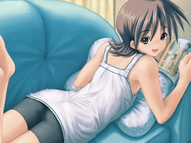 1girl bike_shorts book camisole couch female_focus flat_chest game_cg grey_eyes grey_hair kawata_hisashi leaf_(studio) looking_back lying miidera_tsukuyo on_stomach pillow smile solo spandex tasogare