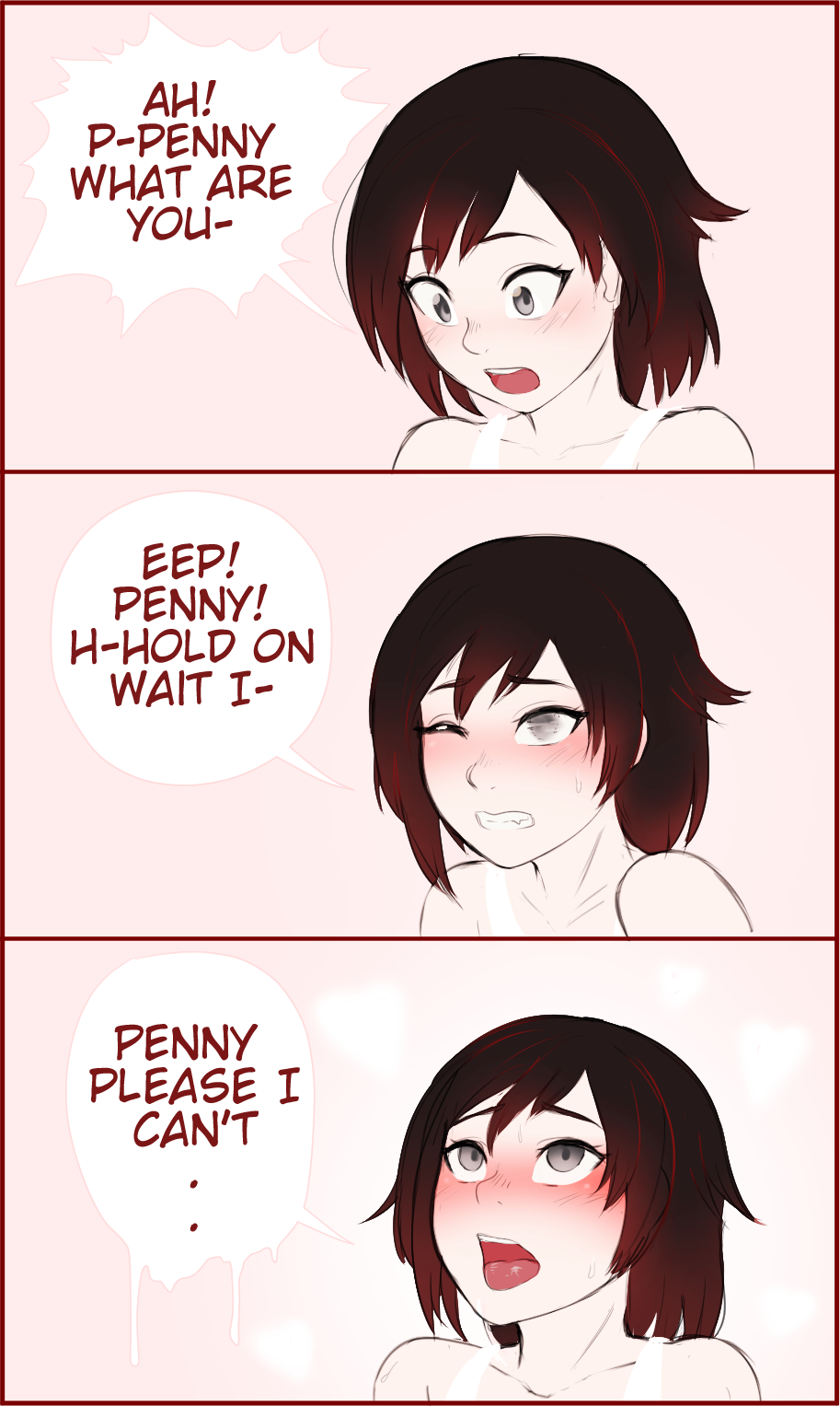 1girl ahegao blush clenched_teeth comic english_text female_focus grey_eyes heart highres implied_yuri one_eye_closed portrait razalor red_hair ruby_rose rwby sexually_suggestive solo speech_bubble sweat sweatdrop tank_top teeth tongue tongue_out upper_body yuri