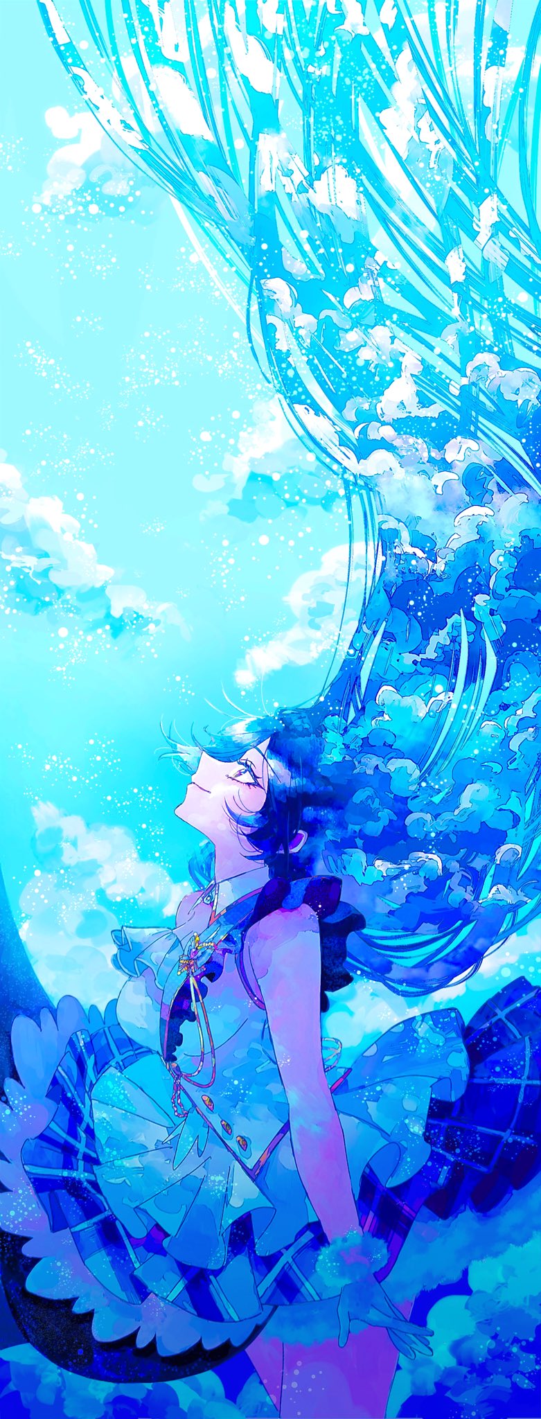 1girl absurdly_long_hair beyond_the_bluesky_(idolmaster) black_hair blue_sky breasts cleavage closed_mouth cloud cowboy_shot detached_collar dorsiflexion_(wrist) double_exposure dress eyelashes floating_hair frilled_dress frills from_side fur_wrist_cuffs happy_birthday highres idolmaster idolmaster_shiny_colors large_breasts layered_dress light_particles long_hair looking_up paddy_field profile shirase_sakuya sky sleeveless sleeveless_dress smile solo very_long_hair white_dress wing_collar wrist_cuffs yellow_eyes