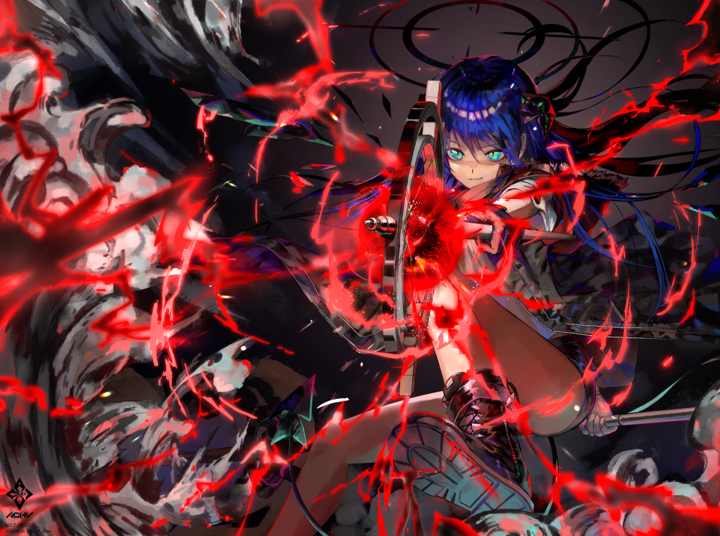 1girl a0lp arknights black_boots blue_eyes blue_hair boots energy halo horns long_hair mostima_(arknights) originium_arts_(arknights) shorts solo staff tail