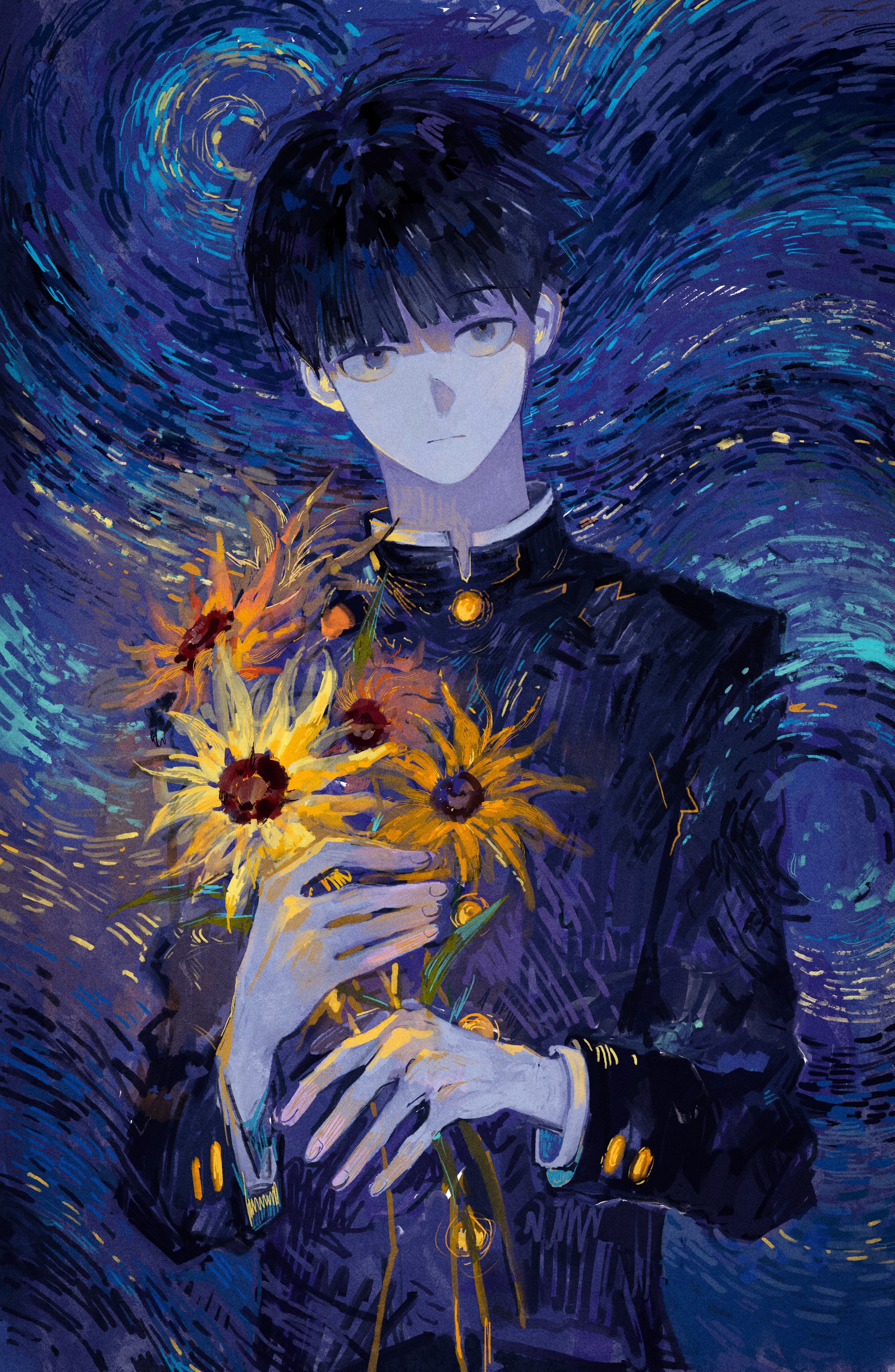 1boy abstract abstract_background absurdres black_hair black_shirt blunt_bangs buttons color_contrast facing_viewer flower gakuran glowing glowing_flower highres holding holding_flower kageyama_shigeo long_sleeves looking_ahead mob_psycho_100 mong_120 school_uniform shirt short_hair solo starry_night_(van_gogh) swirl upper_body yellow_flower