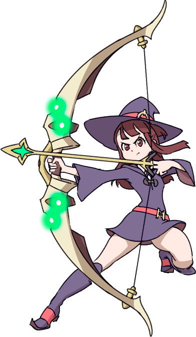 1girl archery boots bow brown_hair emiladylbekuulu hat kagari_atsuko legs little_witch_academia long_hair non-web_source red_eyes shiny_rod_(little_witch_academia) skirt studio_trigger trigger_(company) witch_hat