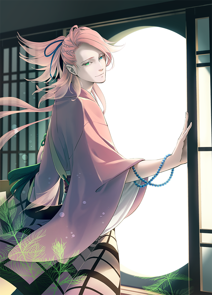 1boy architecture beads blue_ribbon closed_mouth east_asian_architecture furisode_sleeves green_eyes japanese_clothes kimono leuco long_hair looking_at_viewer looking_to_the_side male_focus moon_gate pink_hair pink_kimono ribbon round_window shouji sliding_doors solo souza_samonji touken_ranbu window