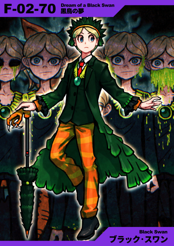 1girl 1other 6+boys bird black_footwear black_swan_(e.g.o) blonde_hair blue_background blue_eyes blue_gemstone closed_mouth coat collared_coat collared_shirt commentary_request dark_background dream_of_a_black_swan e.g.o_(project_moon) employee_(project_moon) expressionless feathered_coat frown full_body gem gender_request gradient_coat green_coat green_jacket holding holding_umbrella jacket jewelry leg_up liquid_from_eyes lobotomy_corporation looking_to_the_side meimaru_inuchiyo multiple_boys necklace necktie no_eyes nugget_(project_moon) numbered orange_pants pants parasol parted_bangs partial_commentary project_moon red_necktie shirt shoes short_hair striped_clothes striped_pants swan umbrella v-shaped_eyebrows vomiting white_shirt