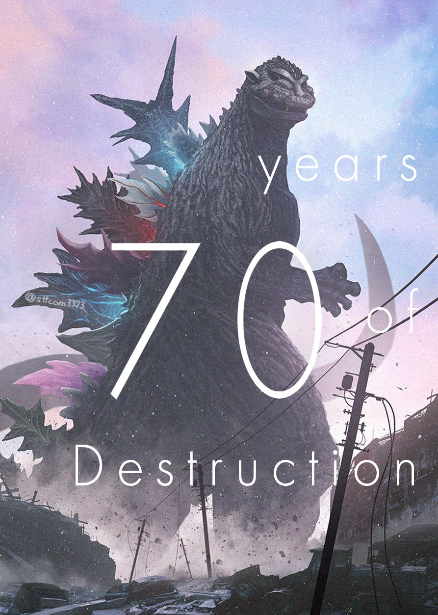 anniversary asymmetrical_spikes blue_sky bones_(company) claws cloud composite composite_character day destruction dinosaur ears english_text fangs fusion giant giant_monster glowing glowing_spikes godzilla godzilla:_king_of_the_monsters godzilla_(1954) godzilla_(monsterverse) godzilla_(series) godzilla_2000:_millennium godzilla_earth godzilla_evolved godzilla_minus_one godzilla_singular_point godzilla_ultima highres kaiju legendary_pictures monster monsterverse motor_vehicle multiple_persona no_humans orange_(company) pink_sky polygon_pictures power_lines rubble sharp_teeth shin_godzilla sky spikes suttoko tail teeth toho transformer truck two-tone_sky