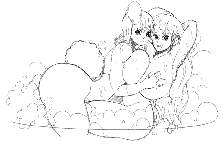 2girls all_fours alternate_breast_size animal_ears back bath bathroom blush breasts carrot_(one_piece) huge_breasts large_areolae large_breasts long_hair looking_at_viewer multiple_girls nami_(one_piece) nipples nude one_piece open_mouth rabbit_ears rabbit_girl rabbit_tail same-sex_bathing shared_bathing shoulder_blades signature smile snout soap soap_bubbles straddling tail thigh_straddling uncensored water wet wet_hair