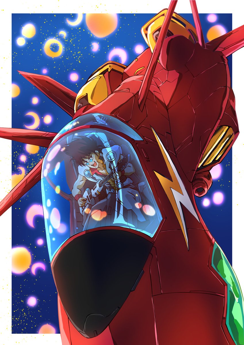 1boy aircraft airplane brown_hair electric_guitar fighter_jet fire_valkyrie flying glasses guitar highres holding holding_guitar holding_instrument instrument looking_at_viewer macross macross_7 mecha military_vehicle music nekki_basara open_mouth playing_guitar playing_instrument robot round_eyewear science_fiction smile spiked_hair taiga_hiroyuki variable_fighter