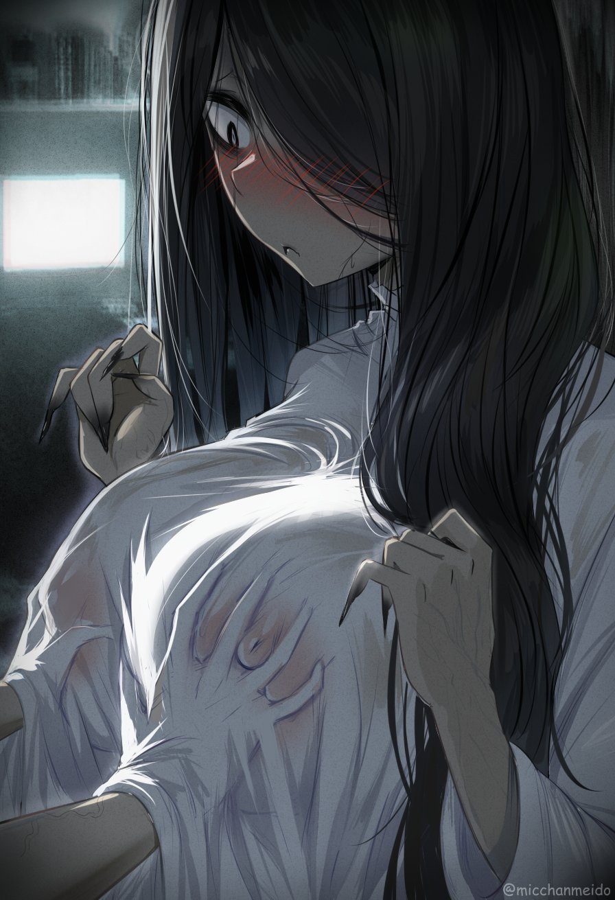 1girl 1other black_hair black_nails blurry blurry_background blush breasts commentary covered_erect_nipples english_commentary fingernails grabbing_another&#039;s_breast groping hair_over_one_eye highres indoors large_breasts long_fingernails long_hair micchan_(micchanmeido) nipples shirt television the_ring twitter_username white_shirt yamamura_sadako
