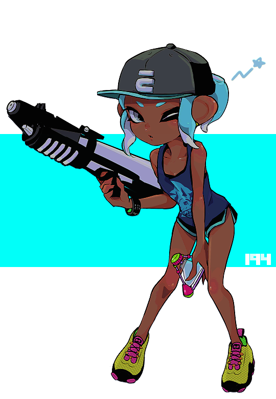 1girl bare_shoulders baseball_cap black_hat black_shorts blue_hair blue_tank_top bracelet collarbone dark-skinned_female dark_skin fingernails full_body green_shoes grey_eyes hat holding holding_weapon imaikuy0 jewelry looking_at_viewer nintendo octoling octoling_girl octoling_player_character one_eye_closed parted_lips ponytail sharp_fingernails shoes short_hair short_ponytail shorts sidelocks solo splat_bomb_(splatoon) splatoon_(series) splattershot_pro_(splatoon) standing tank_top tentacle_hair weapon