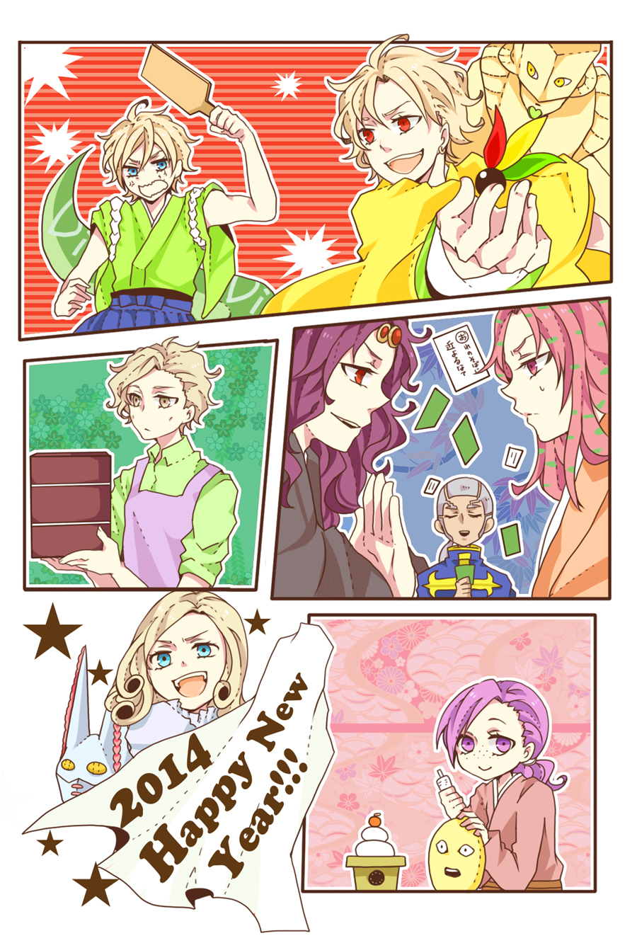 2014 6+boys apron battle_tendency blonde_hair blue_eyes buzz_cut curly_hair diamond_wa_kudakenai diavolo diego_brando dinosaur_tail dio_brando dirty_deeds_done_dirt_cheap enrico_pucci epitaph_(jojo) freckles funny_valentine grey_hair hagoita hane_(hanetsuki) hanetsuki happy_new_year highres holding japanese_clothes jojo_no_kimyou_na_bouken kars_(jojo) kira_yoshikage long_hair looking_at_viewer low_ponytail male_focus multiple_boys new_year open_mouth paddle pink_eyes pink_hair ponytail purple_eyes purple_hair red_eyes riku_(odd) short_hair smile spotted_hair stand_(jojo) star_(symbol) stardust_crusaders steel_ball_run stone_ocean sweat tail tasuki the_world vento_aureo very_short_hair vinegar_doppio yellow_eyes