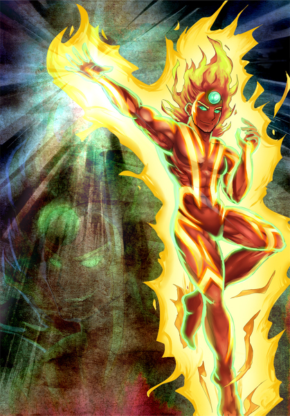 1boy fiery_hair fire green_eyes kid_icarus male_focus nintendo no_humans nude pyrrhon solo tattoo